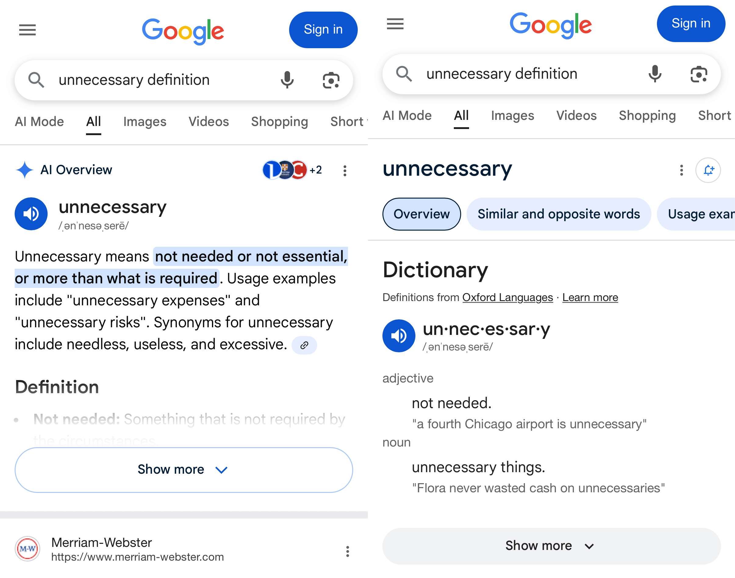 Comparison of the old vs current Google definition views
